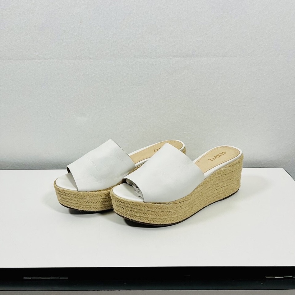 Schutz Leather Women's 10.5 Thalia Espadrille Wedge Peep Toe Sandal White